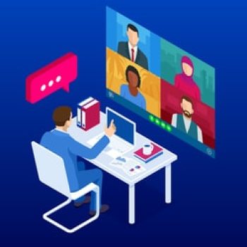 graphic of office worker at computer screen in a virtual meeting